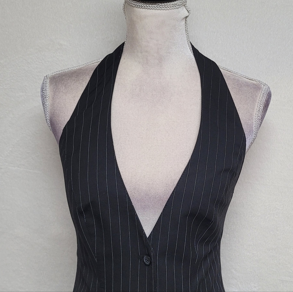 The Limited Rare Vintage Black Pinstripe Backless Halter Vest Flared Mini Skirt - Picture 3 of 15